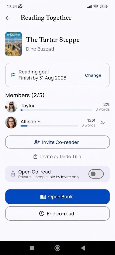 A Tilia co-read: the book, a shared finish date, and each member’s progress